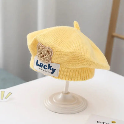 Flower Baby Beret Hat Winter Warm Knitted Beanie Cap for Infant Girls Korean Toddler Princess Artist Solid Color Painter Caps