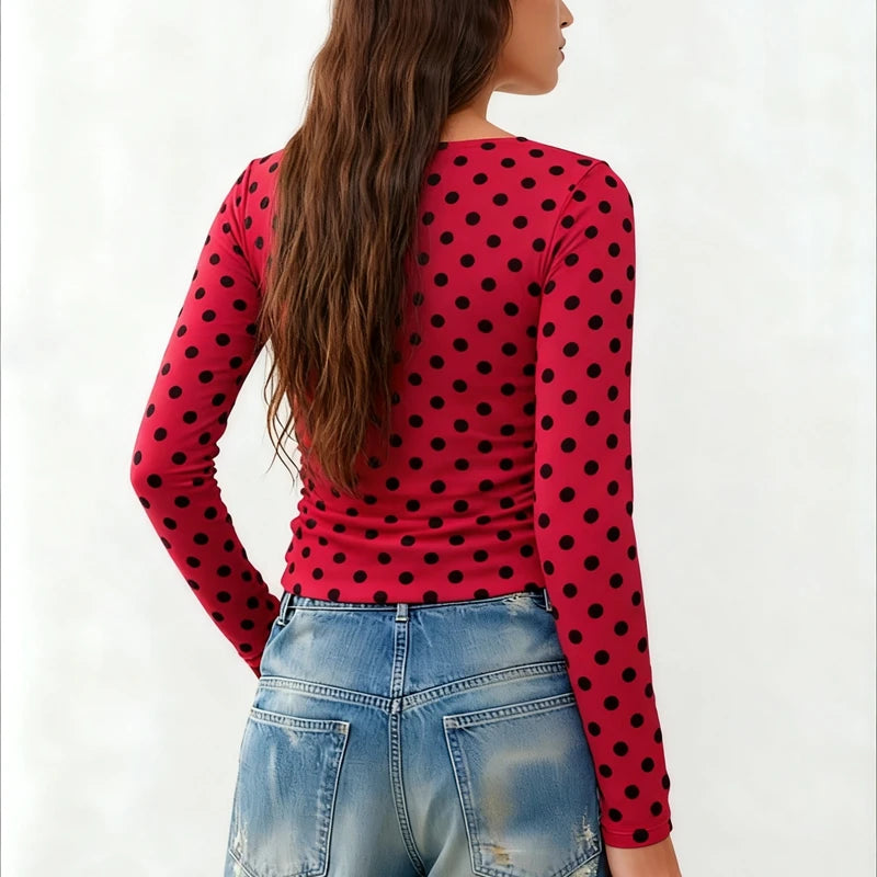 Combhasaki Women Y2k Vintage Polka Dot T-Shirts Slim Long Sleeve Round Neck Side Ruched Pullovers Shirt Tops Fall Winter Clothes