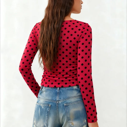 Combhasaki Women Y2k Vintage Polka Dot T-Shirts Slim Long Sleeve Round Neck Side Ruched Pullovers Shirt Tops Fall Winter Clothes