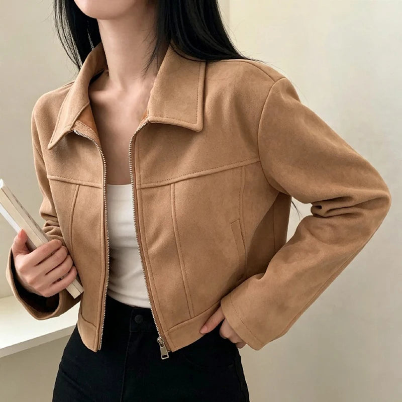 Retro Lapel Lady Short Coat Zipper Long Sleeves Patchwork Slim Fitting Jacket 2026 Spring Fall Commute Office Daily Outerwear