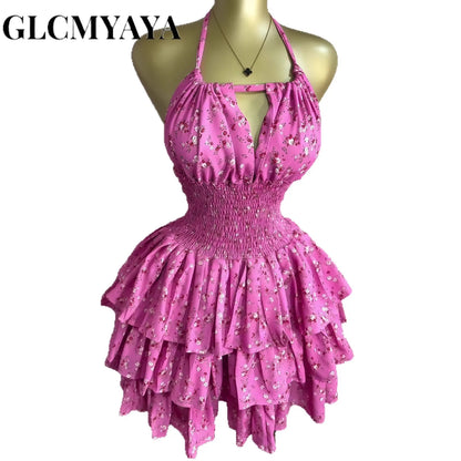 Floral Printed Halter Ruffles Midi A-line Tiered Mini Dress Fall Vacation Elegant Evening Birthday Party Dresses