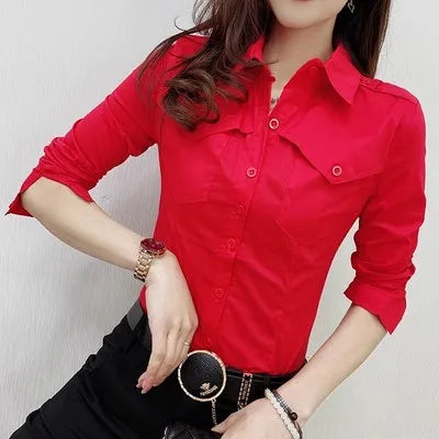 New Fall Winter European Clothes Shirts Office Lady Pockets Blouses Fashion Sexy Button Up Women's Long Sleeve Tops 311127