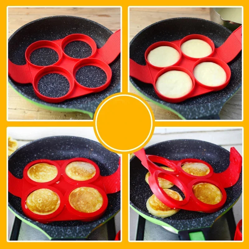 Pancake Maker Multiple Shapes 4 Holes Nonstick Silicone Baking Mold Ring Fried Egg Mold for Family Cooking DIY Daily Surprises