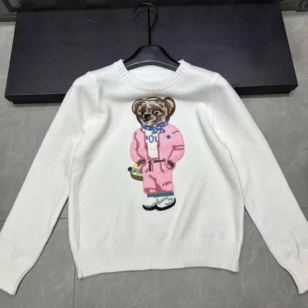 Cartoon Pink Bear Pullover Sweater Fall/Winter New Fashion Casual Long Sleeve Embroidery Knitted Tops For Women