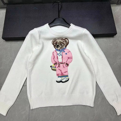 Cartoon Pink Bear Pullover Sweater Fall/Winter New Fashion Casual Long Sleeve Embroidery Knitted Tops For Women
