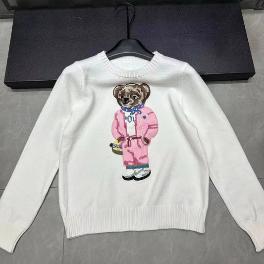 Cartoon Pink Bear Pullover Sweater Fall/Winter New Fashion Casual Long Sleeve Embroidery Knitted Tops For Women