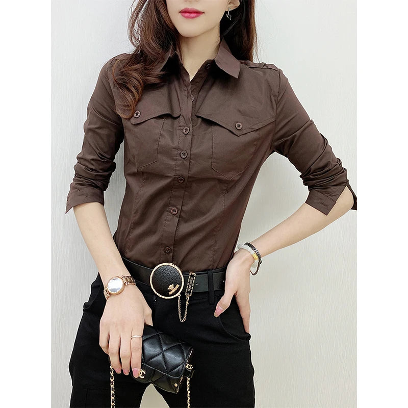 New Fall Winter European Clothes Shirts Office Lady Pockets Blouses Fashion Sexy Button Up Women's Long Sleeve Tops 311127
