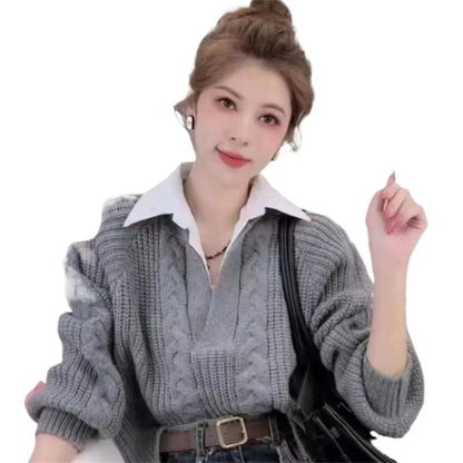 Fashion New Casual Fall Winter Fake Two-piece Knitted Top for Women Autumn and Winter Long Sleeves Sweater for Women Tops