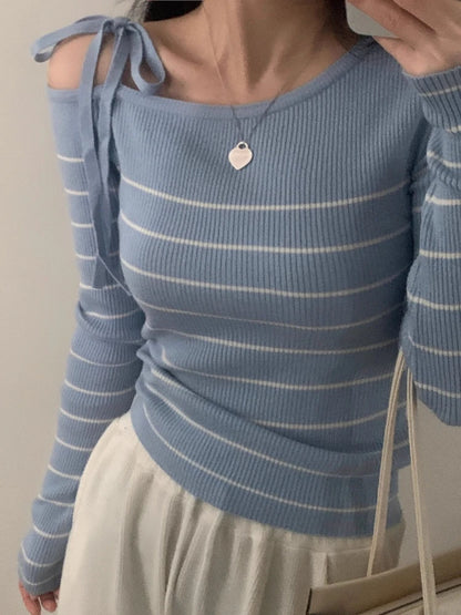 New Women's Elegant Off-Shoulder Sweater T-Shirt Black White Striped with Adjustable Lace-Up Fall Winter Casual Chic Top