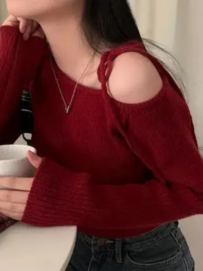 New Women's Elegant Off-Shoulder Sweater T-Shirt Black White Striped with Adjustable Lace-Up Fall Winter Casual Chic Top