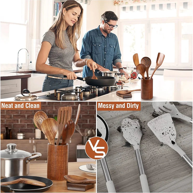 LMETJMA 10 Pack Natural Teak Wooden Kitchen Utensil Set Wooden Spoons Spatula Cooking Utensil Set For Cooking Baking JT503