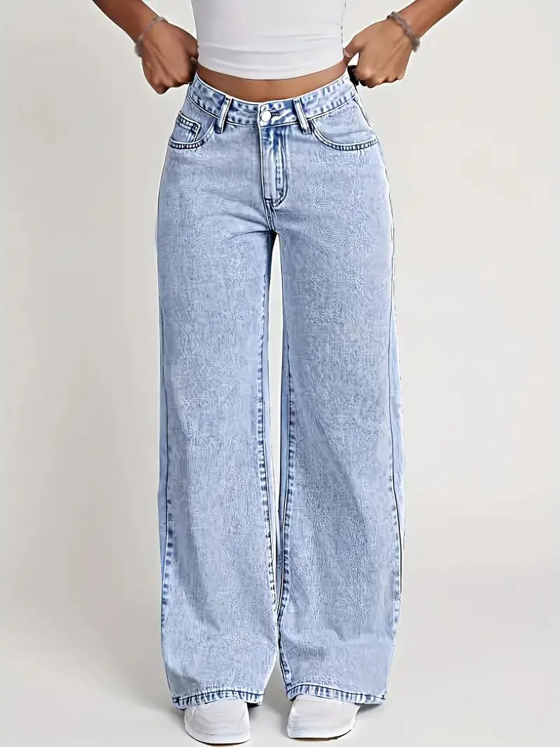 New American Fashion Women's Loose Casual Wide Leg Straight Denim Jeans Baggy Streetwear Pants All Season Trousers