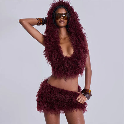 Fashion Faux Fur 2 Piece Set Women Lace Up Backless Hooded Tank Tops + Bodycon Mini Skirts Casual Street Suits