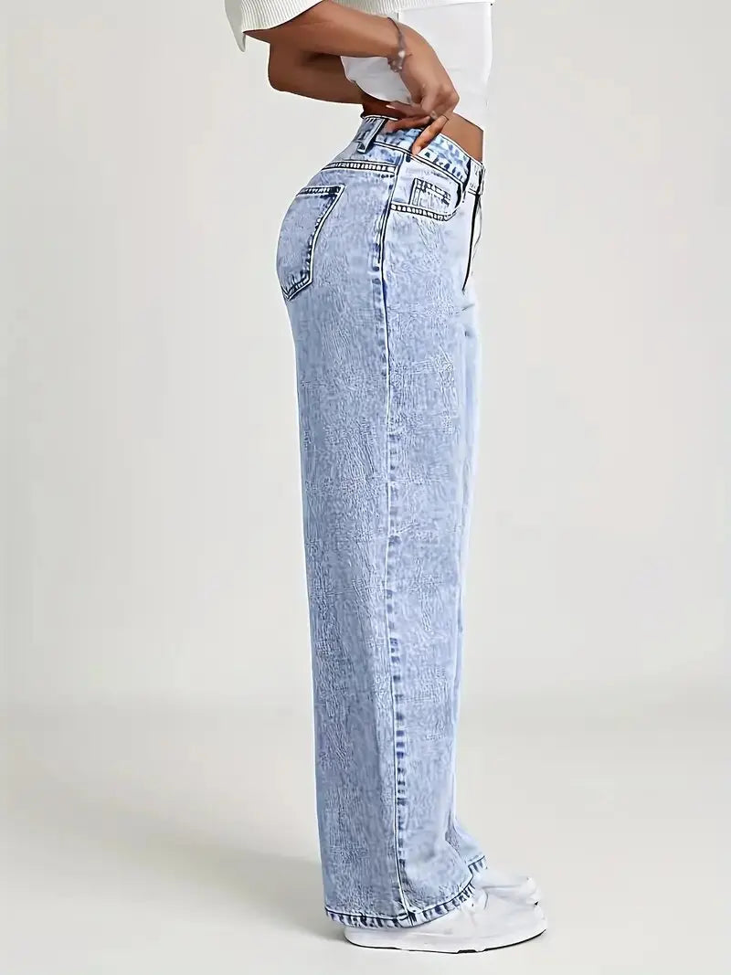 New American Fashion Women's Loose Casual Wide Leg Straight Denim Jeans Baggy Streetwear Pants All Season Trousers