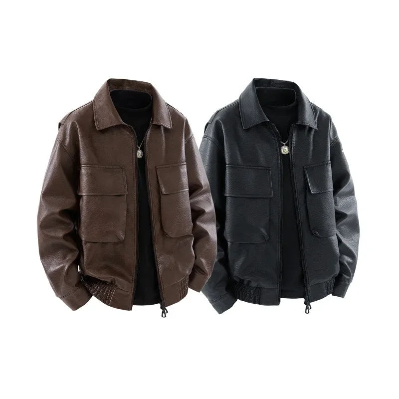 Men Trend Motorcycle Leather Jacket Bomber Pilot Retro Loose Pu Short Leather Jacket Autumn Winter New Lapel Big Pocket Coat