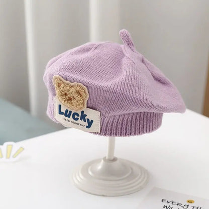 Flower Baby Beret Hat Winter Warm Knitted Beanie Cap for Infant Girls Korean Toddler Princess Artist Solid Color Painter Caps