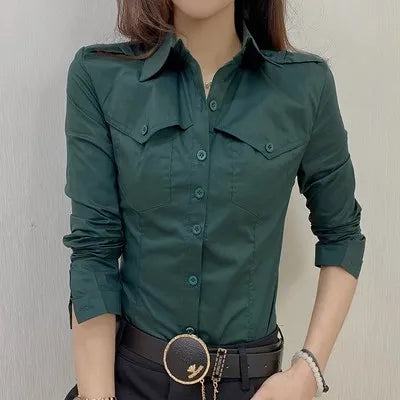 New Fall Winter European Clothes Shirts Office Lady Pockets Blouses Fashion Sexy Button Up Women's Long Sleeve Tops 311127