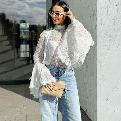Tornova Sexy Lace Women's T shirt Ruffled Sleeve Ribbon Blouse Fashion Pullover Fall Winter Casual Office Lady T shirt