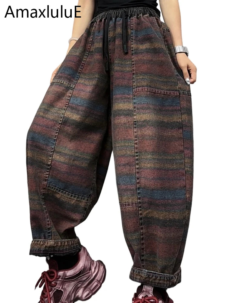 Amax LuluE Fall Korean Casual Jeans Womens Classic Striped Fashion Vintage Denim Pants Ladies Loose Elastic Waist Harem Trousers