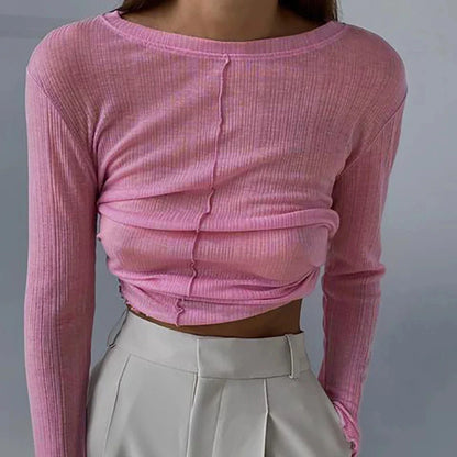 Casual Full Sleeve Round Collar T-shirt See-Through Slim Spring Fall Tee Female Fashion Solid Clothing Streetwear