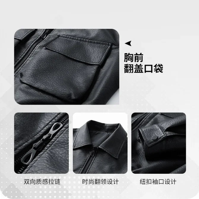 Men Trend Motorcycle Leather Jacket Bomber Pilot Retro Loose Pu Short Leather Jacket Autumn Winter New Lapel Big Pocket Coat