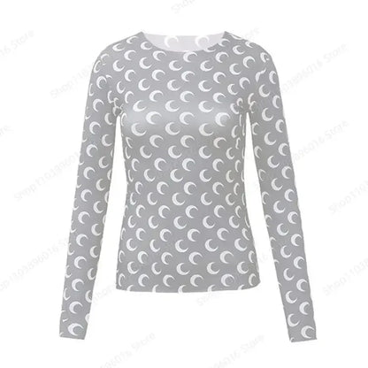 Moon Printed Tshirt Graphic Top for Women Stretchy Slim Korean Fall Spring Long Sleeve Tees Y2k Grunge T-Shirt 2000s Clothes