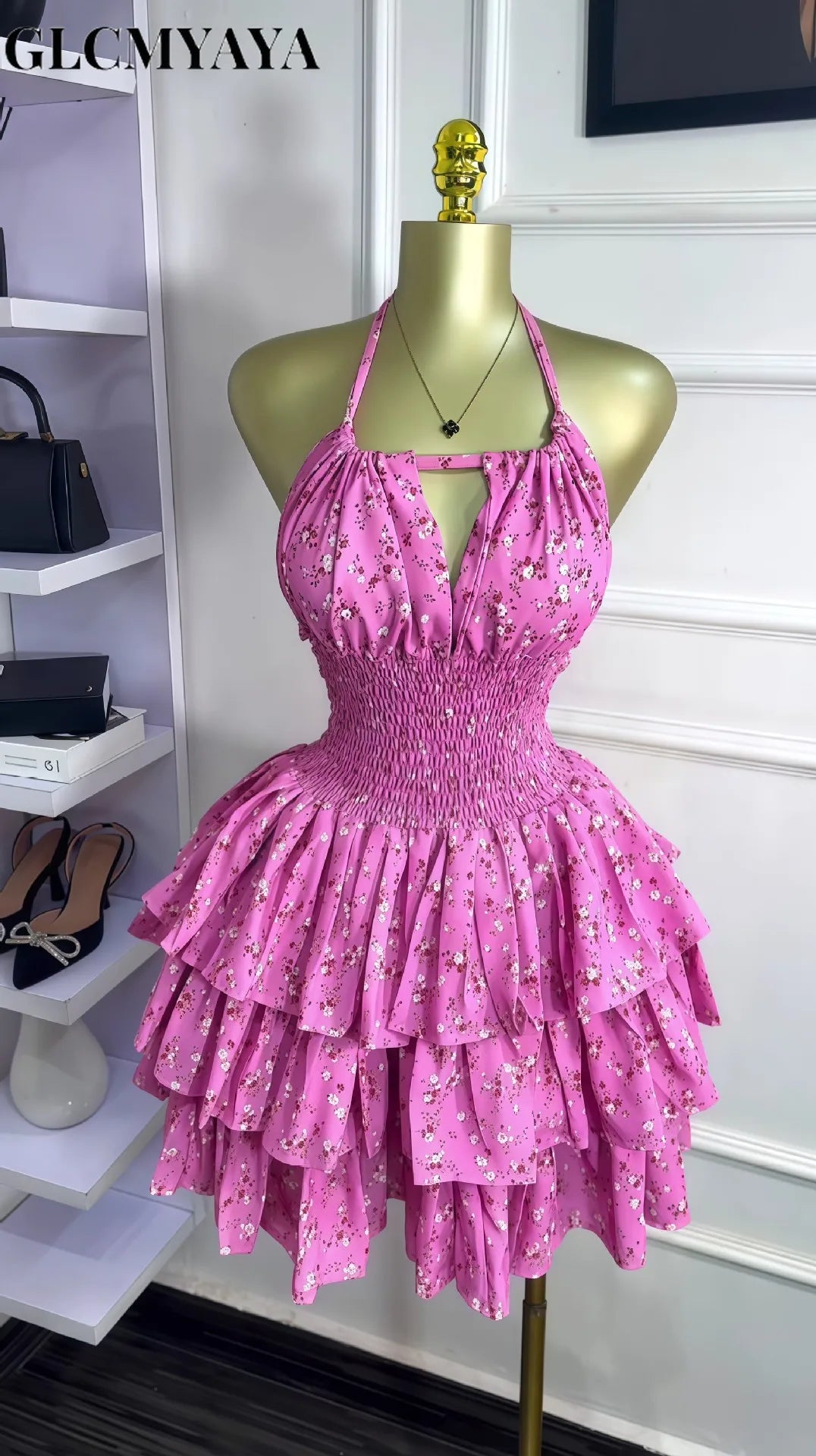 Floral Printed Halter Ruffles Midi A-line Tiered Mini Dress Fall Vacation Elegant Evening Birthday Party Dresses