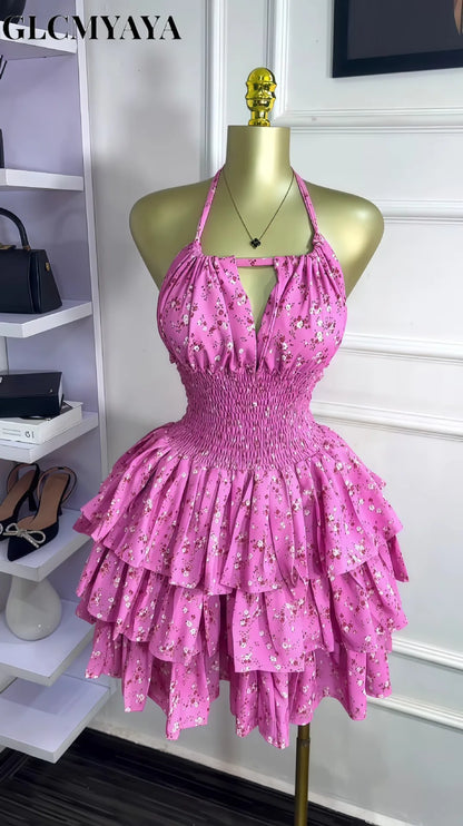 Floral Printed Halter Ruffles Midi A-line Tiered Mini Dress Fall Vacation Elegant Evening Birthday Party Dresses