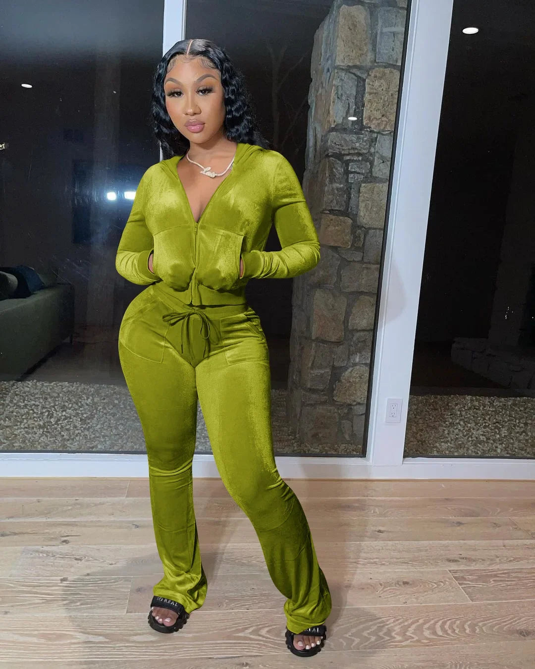 Hot Sale Fall Women's hoodie Set Zipper Pocket Crop Top Jacket Velvet Jogging suit Velour tracksuits Women Two Piece set