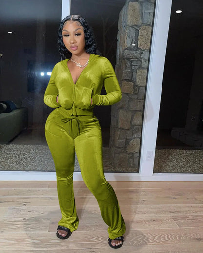 Hot Sale Fall Women's hoodie Set Zipper Pocket Crop Top Jacket Velvet Jogging suit Velour tracksuits Women Two Piece set