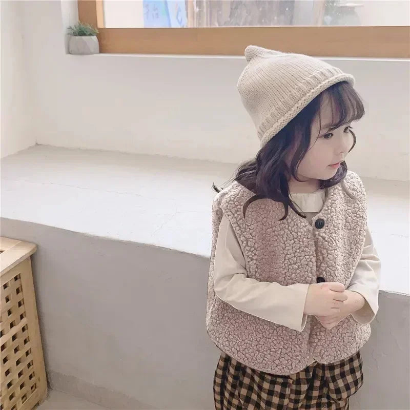 Autumn Winter Baby Plus Velvet Waistcoat Girls Boys Plush Vest Single Breasted V Neck Child Warm Fashion Warm Teddy Hair Coat
