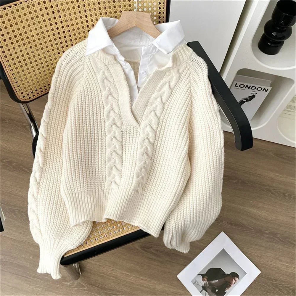 Fashion New Casual Fall Winter Fake Two-piece Knitted Top for Women Autumn and Winter Long Sleeves Sweater for Women Tops