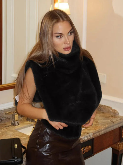 Solid Color Half Turtleneck Furry Sleeveless Top Patchwork Short Section Pullover Top Fall Woman'S Clothing Street