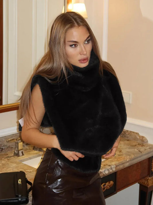 Solid Color Half Turtleneck Furry Sleeveless Top Patchwork Short Section Pullover Top Fall Woman'S Clothing Street
