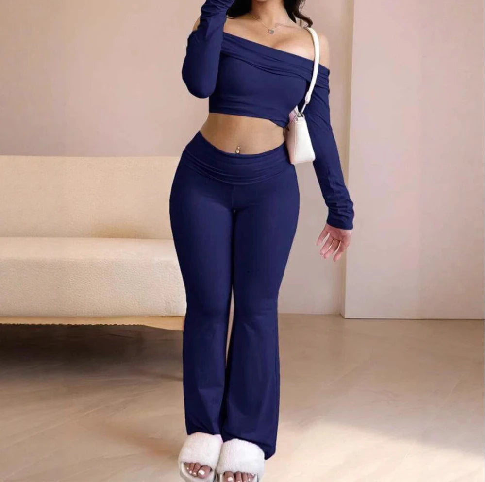 Casual Workout Two Piece Sets Woman Outfits Crop Long Sleeves Tops Foldover Flare Pants Tracksuit Suit Summer and Fall