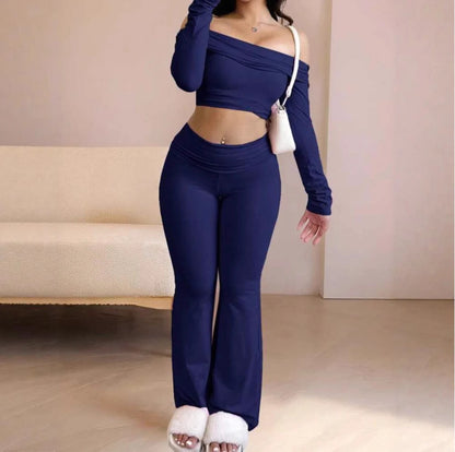 Casual Workout Two Piece Sets Woman Outfits Crop Long Sleeves Tops Foldover Flare Pants Tracksuit Suit Summer and Fall