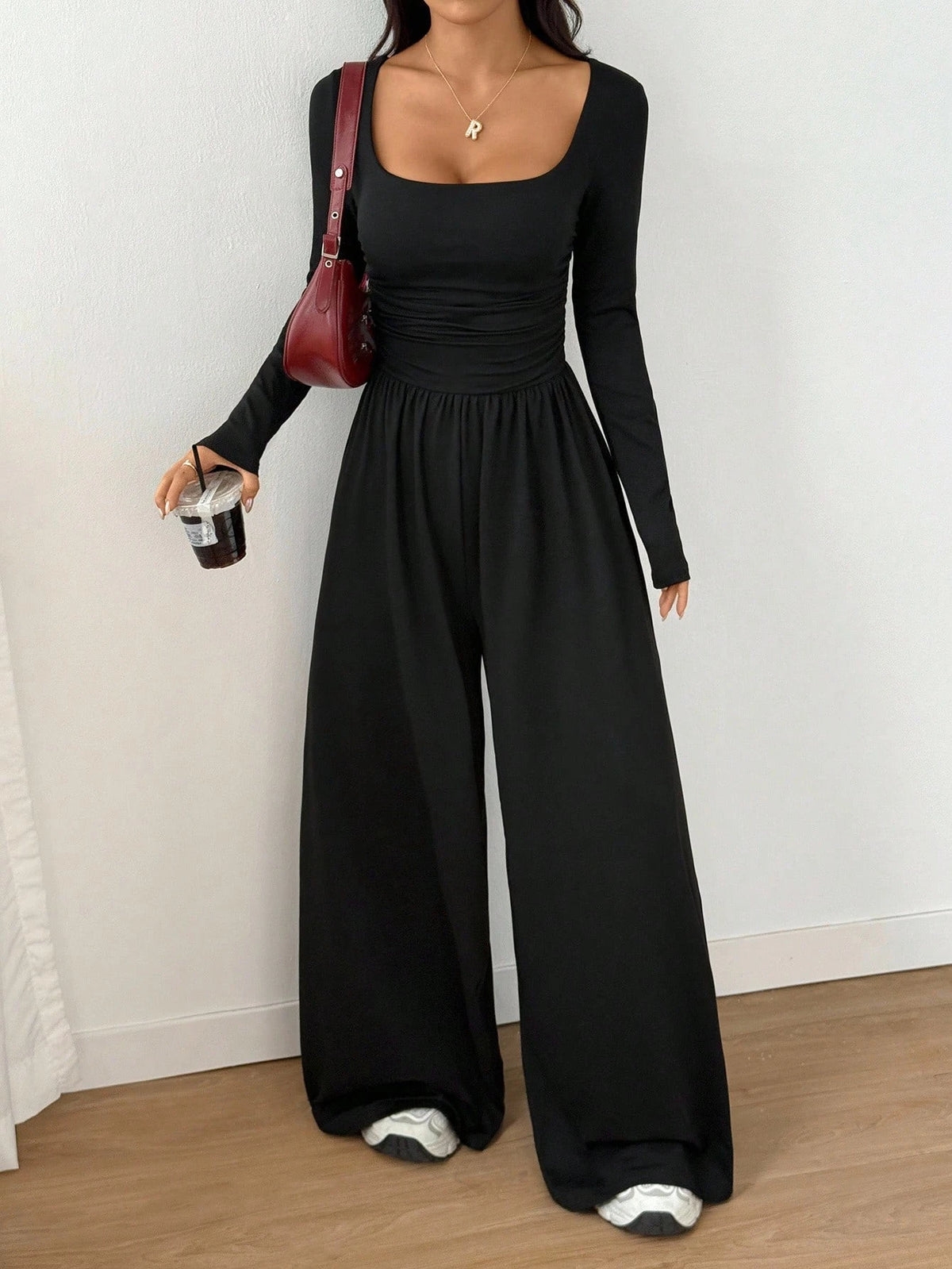 Women's Casual Solid Color Square Neck Long Sleeve A-Line Jumpsuit Pleating Wide Leg Loose Mopping Jumpsuit Spring/Fall 2026