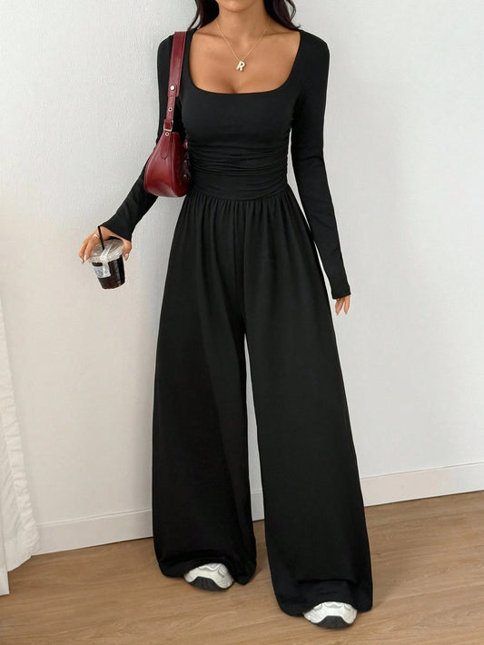 Women's Casual Solid Color Square Neck Long Sleeve A-Line Jumpsuit Pleating Wide Leg Loose Mopping Jumpsuit Spring/Fall 2026