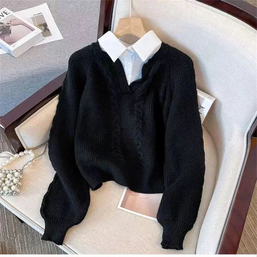 Fashion New Casual Fall Winter Fake Two-piece Knitted Top for Women Autumn and Winter Long Sleeves Sweater for Women Tops