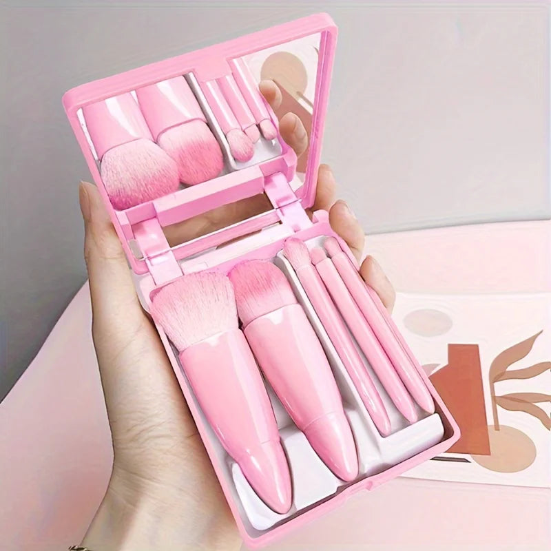 5 PCs Cosmetic Portable Makeup Brush Travel With Mirror Box Makeup Set Blush Blending Brush Eyeshadow Brushes Travel Makeup Set