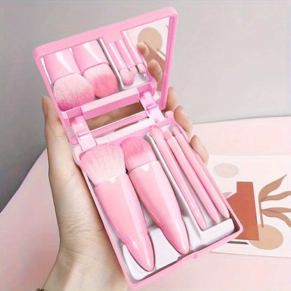 5 PCs Cosmetic Portable Makeup Brush Travel With Mirror Box Makeup Set Blush Blending Brush Eyeshadow Brushes Travel Makeup Set