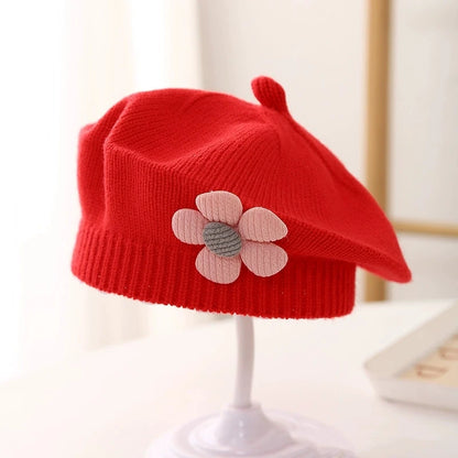 Flower Baby Beret Hat Winter Warm Knitted Beanie Cap for Infant Girls Korean Toddler Princess Artist Solid Color Painter Caps