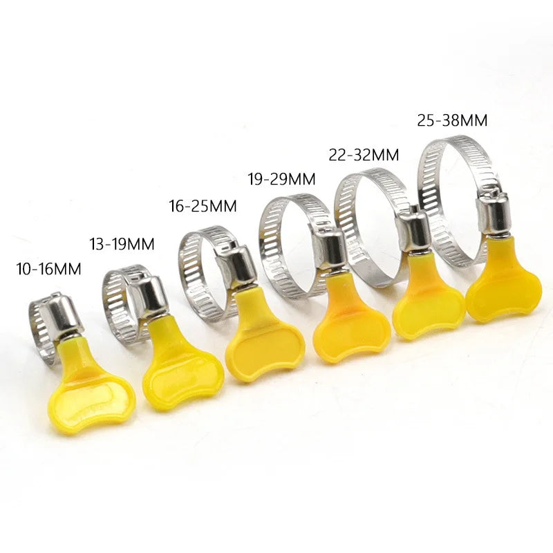 5/10pcs 8-44mm Adjustable Yellow Plastic Handle Hand Twist Hose Clamps Worm Driving 201 Stainless Steel Pipe Clips For Tube