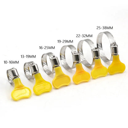 5/10pcs 8-44mm Adjustable Yellow Plastic Handle Hand Twist Hose Clamps Worm Driving 201 Stainless Steel Pipe Clips For Tube