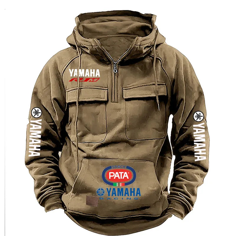 Yamaha Men's Muscle Movement Workwear Style Spring-Autumn New Model Fashion Solid Color Multi-Pocket Long-Sleeved Hooded Sweats