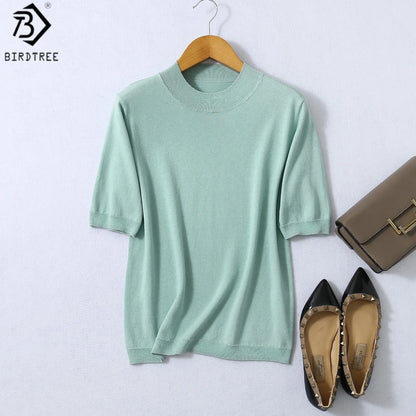 Birdtree, Woman Basic Sweaters, 70% Spun Silk and Cotton Blend O Neck Pullovers, Fall Winter Solid Bottoming Shirts T61715JF