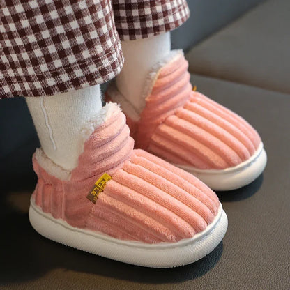 New Winter Simplicity Stripe Plush Slippers Children's Non-slip Soft Sole Kids Boys Girls Heel Wrap Warm High Home Cotton Shoes