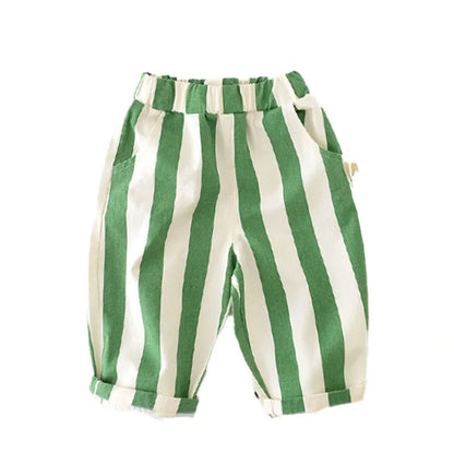Autumn New Boy Girl Children Loose Striped Casual Pants Baby Pockets Fashion Pants Kid Outdoor Cotton Trousers Toddler Costume
