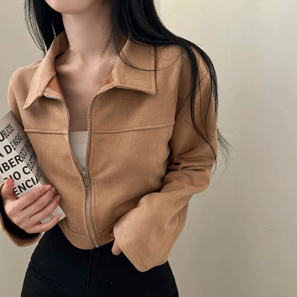 Retro Lapel Lady Short Coat Zipper Long Sleeves Patchwork Slim Fitting Jacket 2026 Spring Fall Commute Office Daily Outerwear
