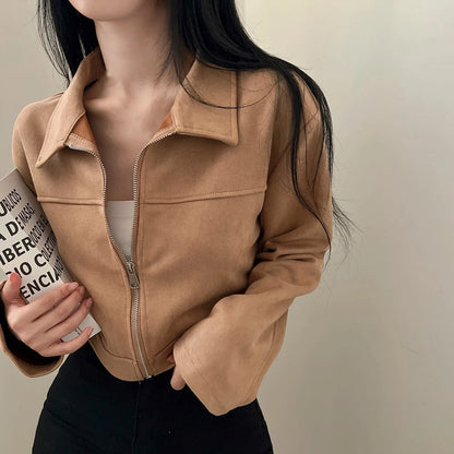 Retro Lapel Lady Short Coat Zipper Long Sleeves Patchwork Slim Fitting Jacket 2026 Spring Fall Commute Office Daily Outerwear